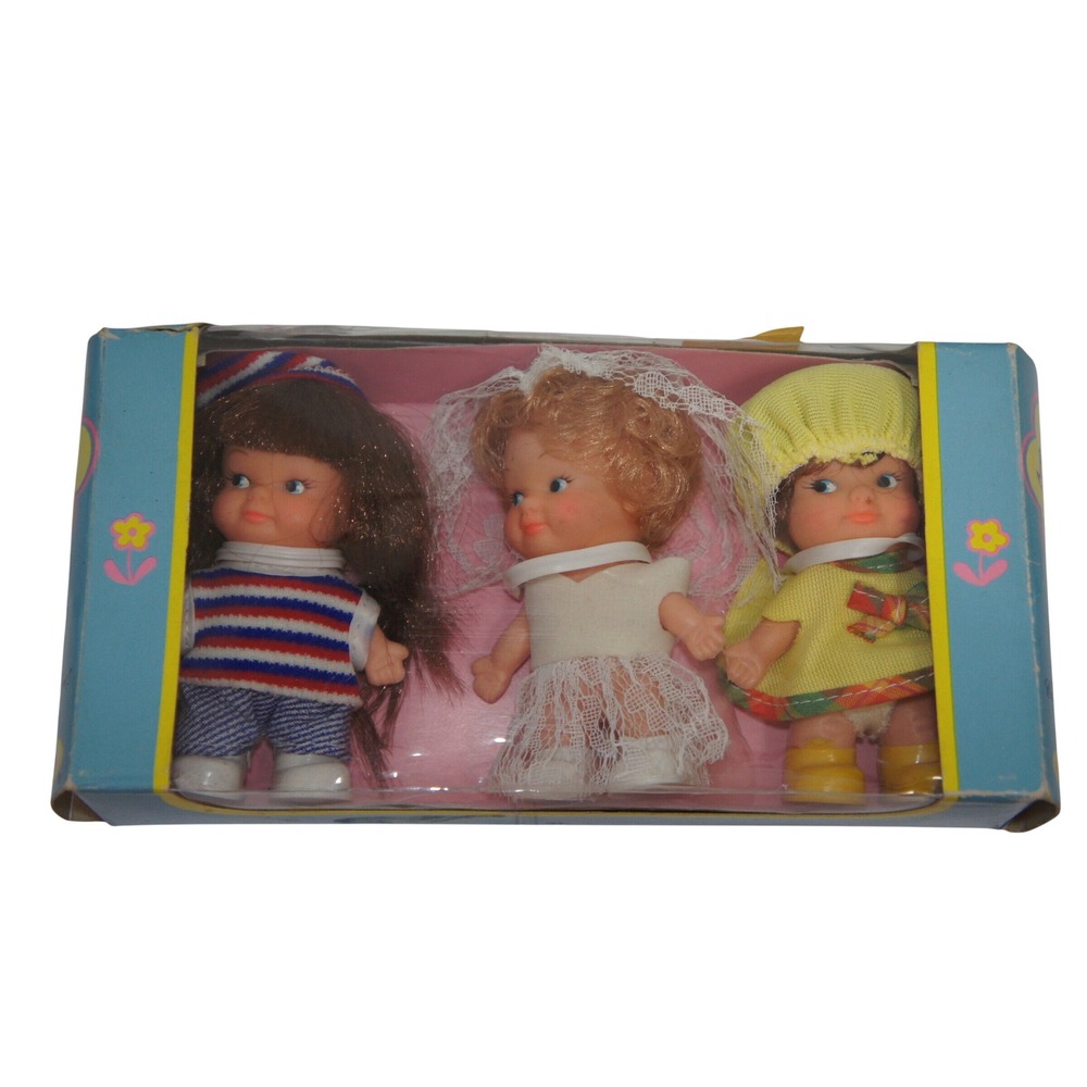Uneeda Miniature Doll Set 3-Pack 1978 Multi-Color Rooted Hair Vintage New in Box